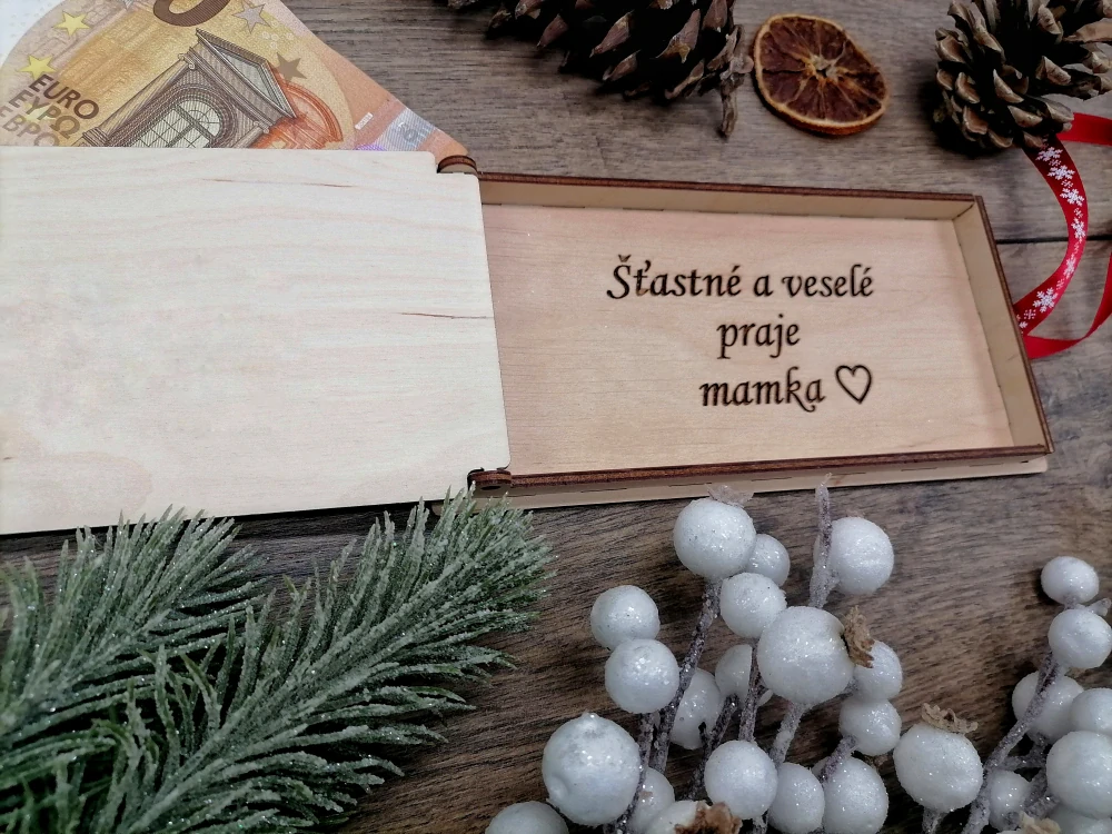 Drevená vianočná obálka na peniaze s venovaním